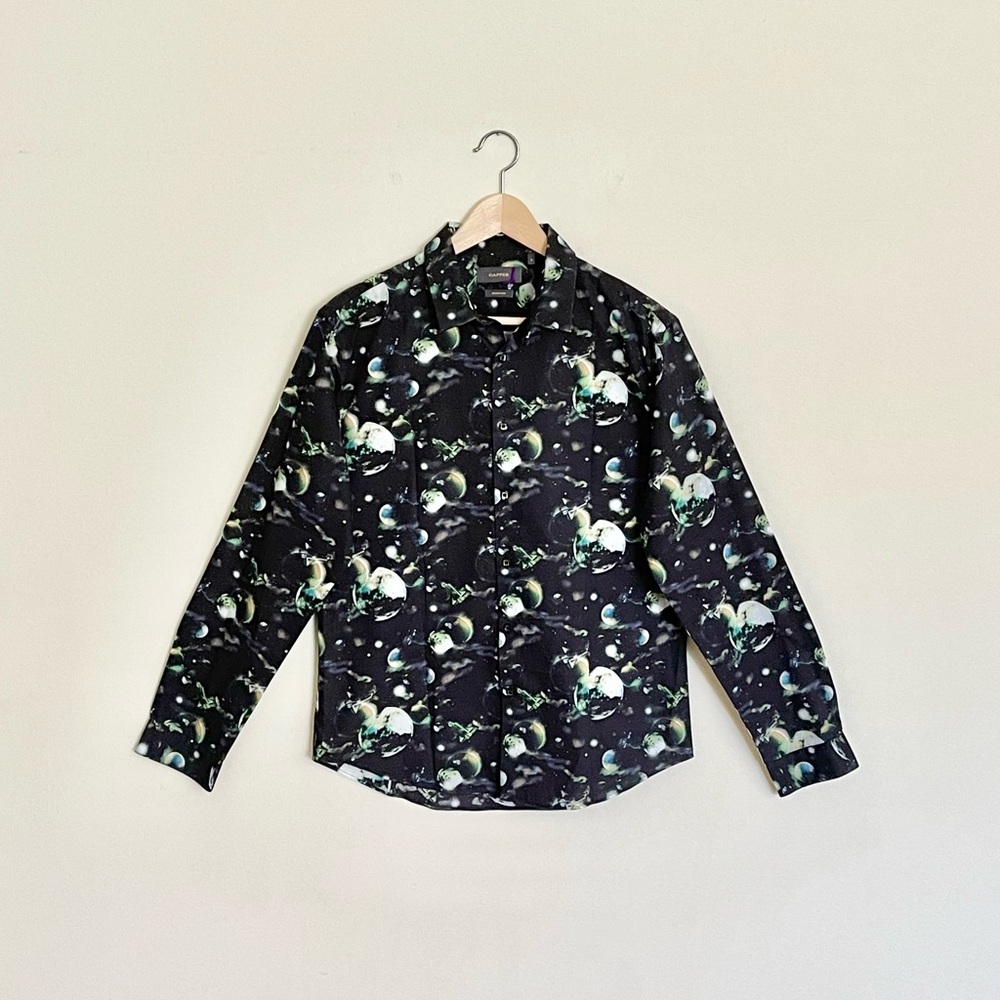 Dapper Planets Space Moon Print Button Down Shirt Men’s size 3 Medium Slim Fit